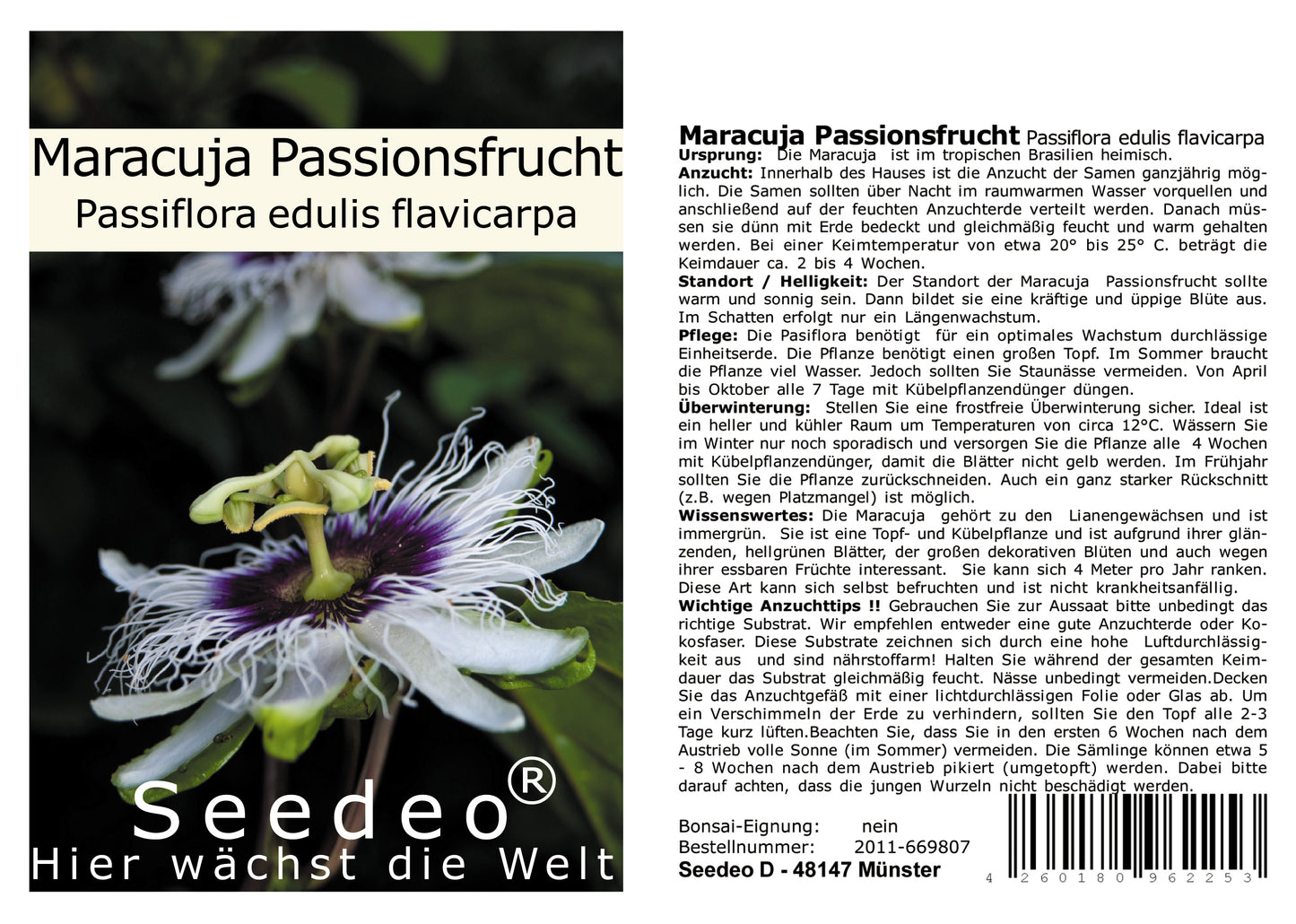 Seedeo® Maracuja Passionsfrucht (Passiflora edulis flavicarpa) 20 Samen