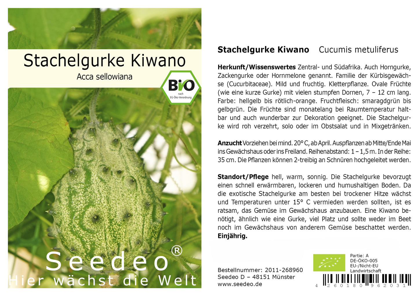 Seedeo® Stachelgurke Kiwano  (Cucumis metuliferus)  10 Samen BIO