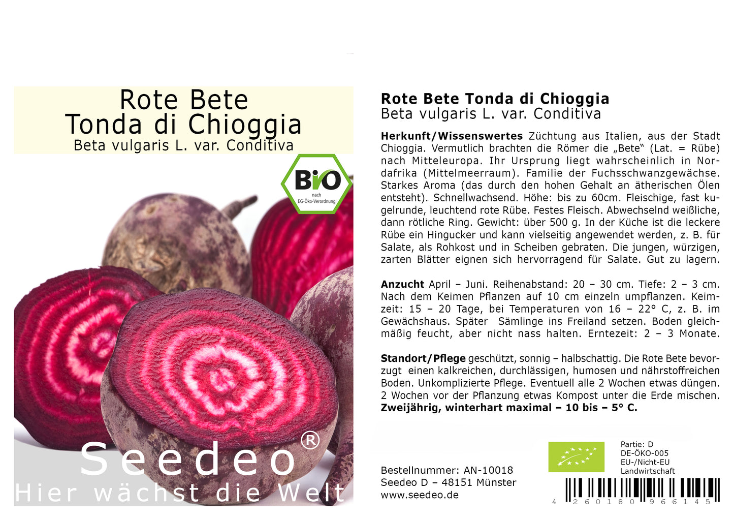 Seedeo® Rote Bete „Tonda di Chioggia“ (Beta vulgaris L. var. Conditiva) ca. 150 Samen BIO