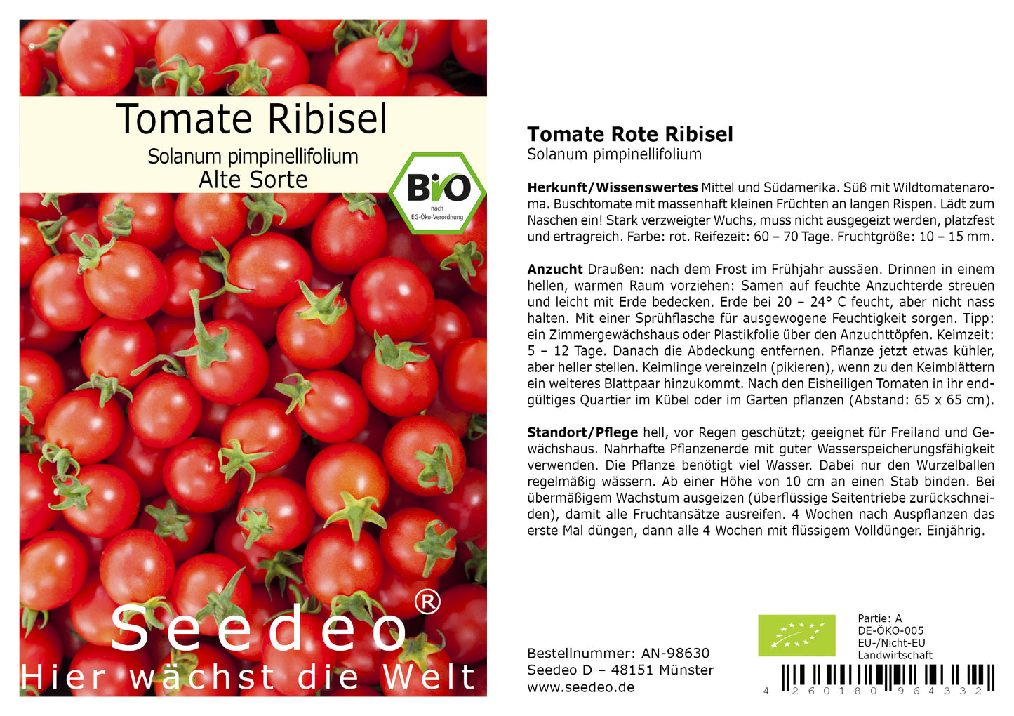 Seedeo® Tomate Rote Ribisl  (Lycopersicum esculentum Mill.) 20 Samen BIO