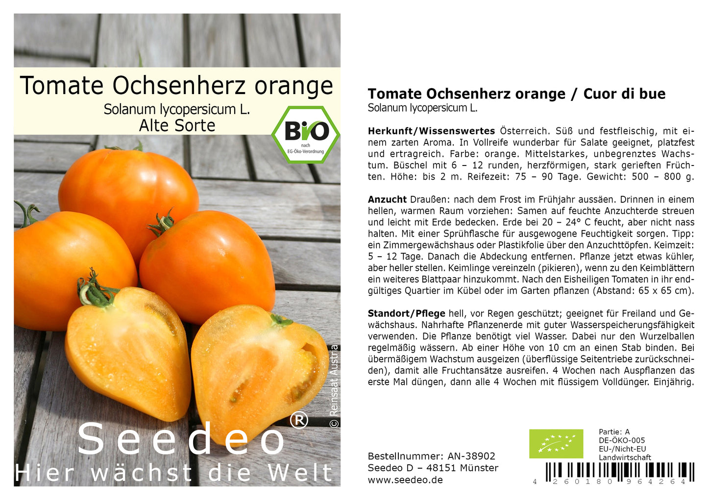 Seedeo® Tomate Ochsenherz orange / cœur de bœuf    ( Lycopersicum L.)  20 Samen BIO