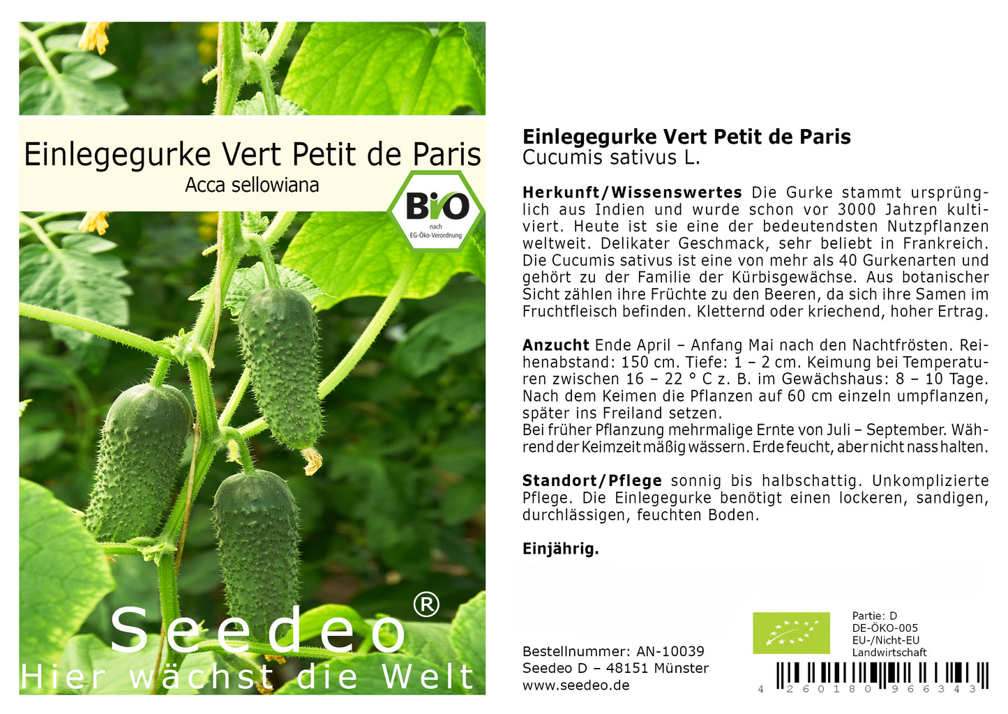 Seedeo® Einlegegurke Vert Petit de Paris  ( Cucumis sativus L.)  30 Samen BIO