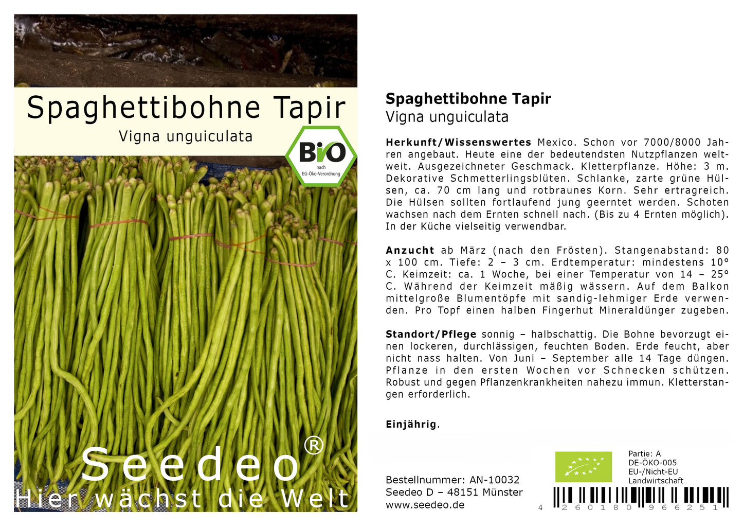 Seedeo® Spaghettibohne Tapir  (Vigna unguiculata) ca. 20 Samen BIO