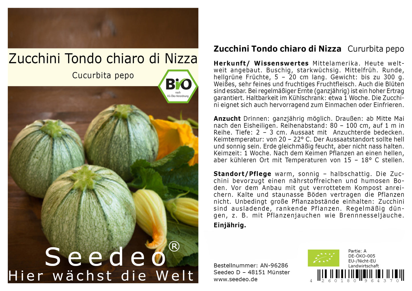 Seedeo® Zucchini  Tondo chiaro di Nizza (Cucurbita pepe) 15 Samen BIO