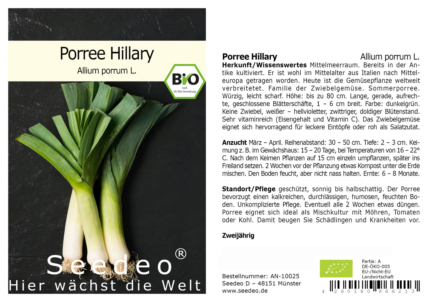 Seedeo® Porree „Hilary“ (Allium porrum L.) ca.150 Samen BIO