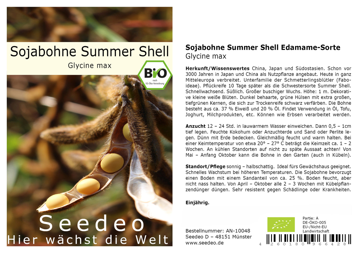 Seedeo® Sojabohne Summer Shell ( Glycine max ) Edamame-Sorte  30 Samen BIO