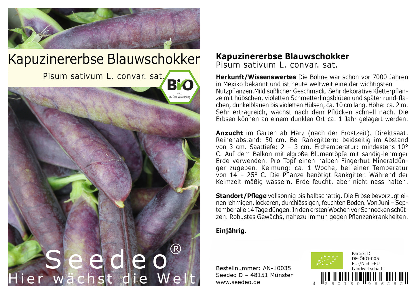 Seedeo® Kapuzinererbse Blauwschokker ( Pisum sativum L. convar. Sat.) ca. 100 Samen BIO