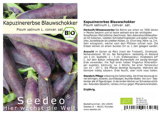 Seedeo® Kapuzinererbse Blauwschokker ( Pisum sativum L. convar. Sat.) ca. 100 Samen BIO