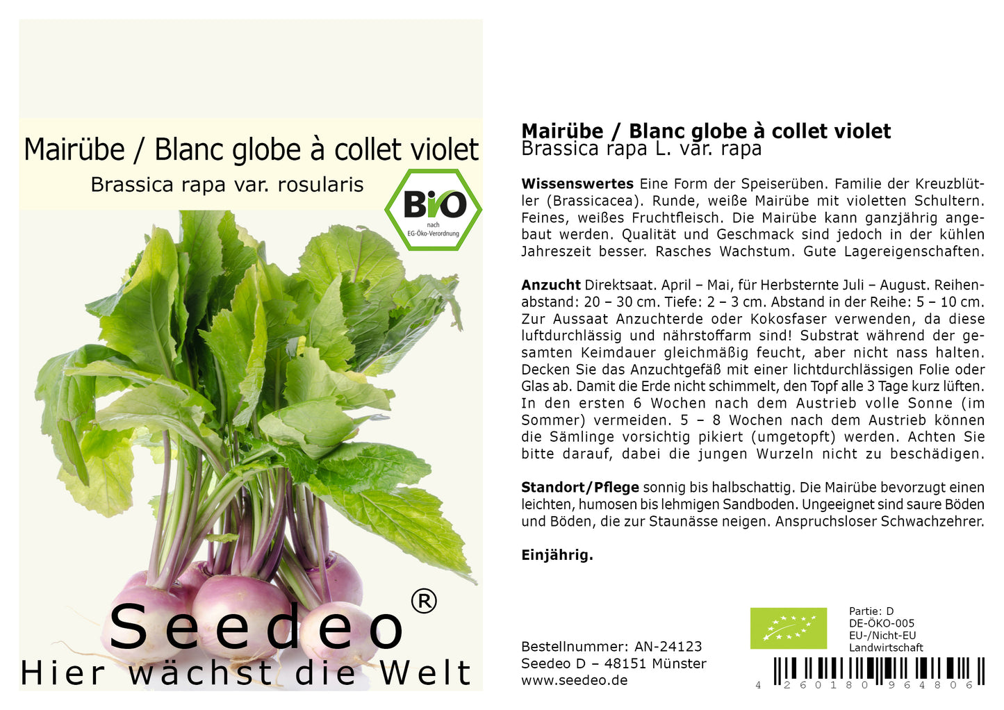 Seedeo® Mairübe Blanc globe à collet violet (Brassica rapa L. var. rapa) 200 Samen BIO