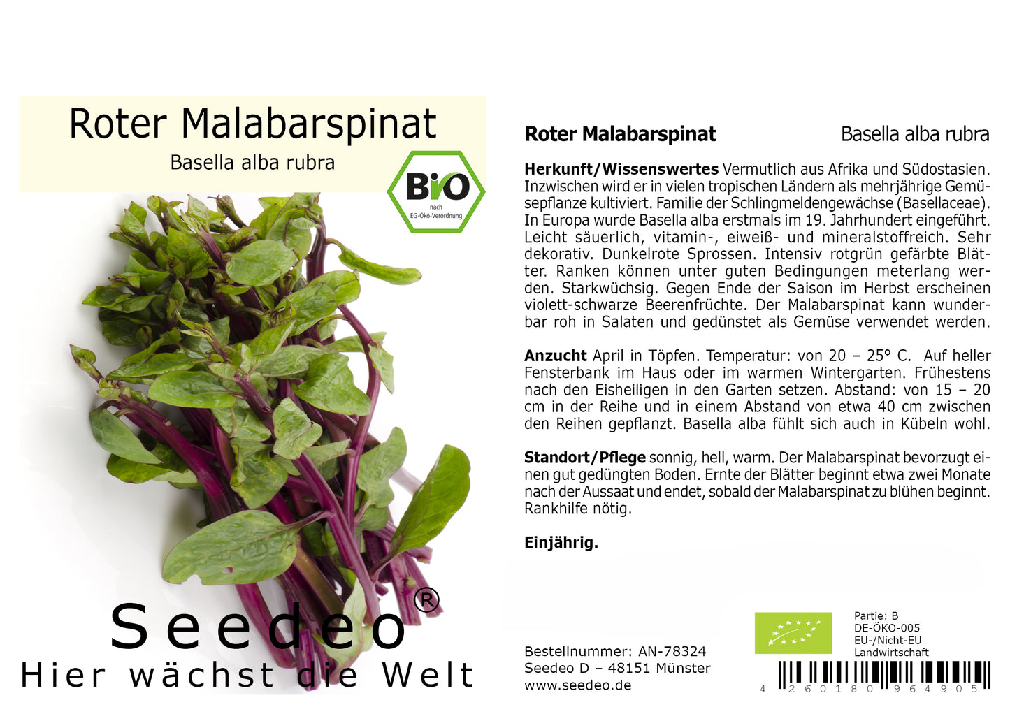 Seedeo® Malabarspinat Roter (Basella rubra) 15 Samen BIO