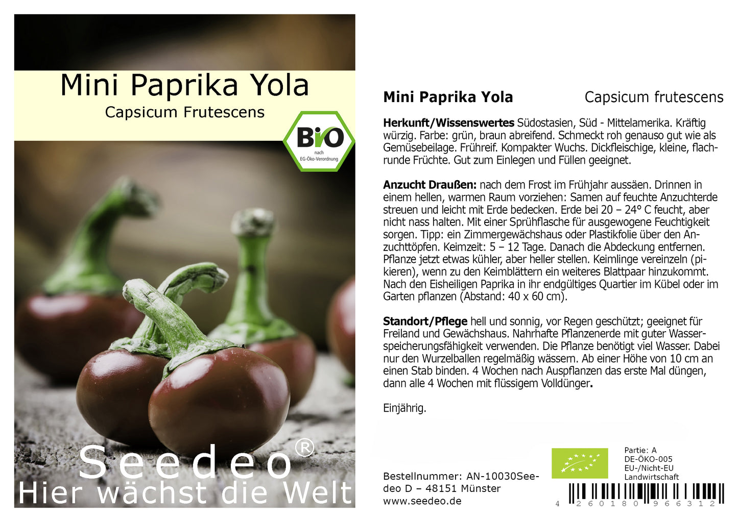 Seedeo® Mini Snack Paprika Yola (Capsicum Frutescens) 20 Samen BIO