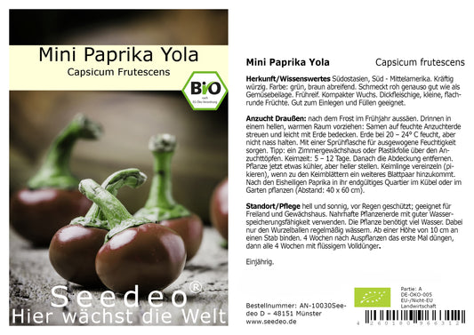 Seedeo® Mini Snack Paprika Yola (Capsicum Frutescens) 20 Samen BIO