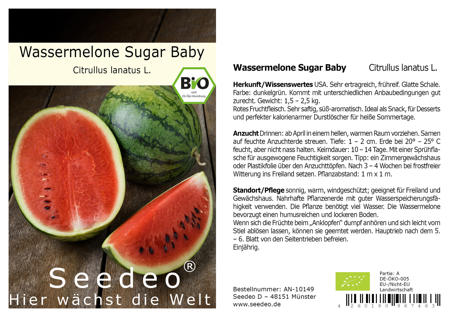 Seedeo® Wassermelone Sugar Baby (Citrullus lanatus L.) 10 Samen BIO