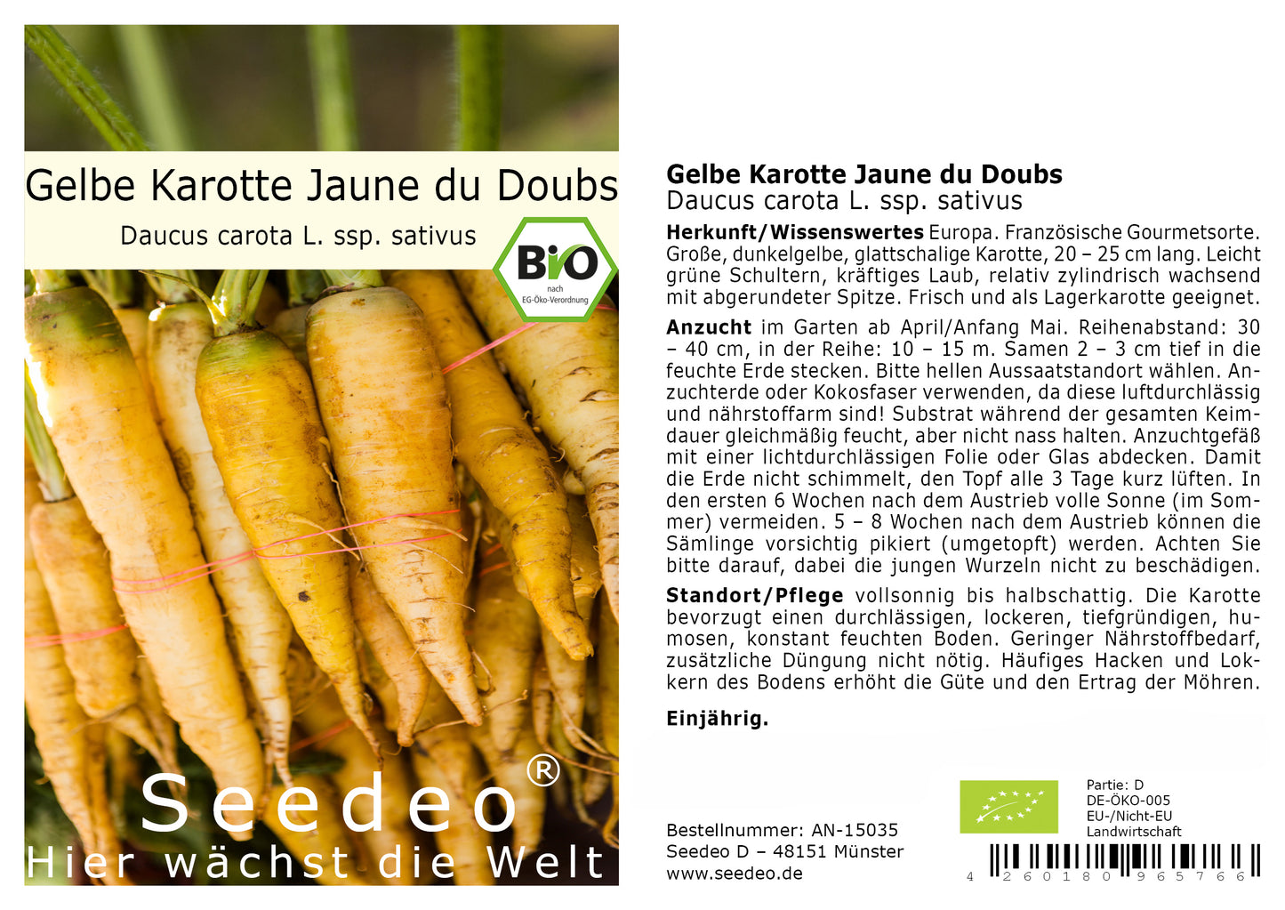 Seedeo® Gelbe Karotte  Jaune du Doubs (Daucus carota  L. ssp. sativus) 100 Samen BIO