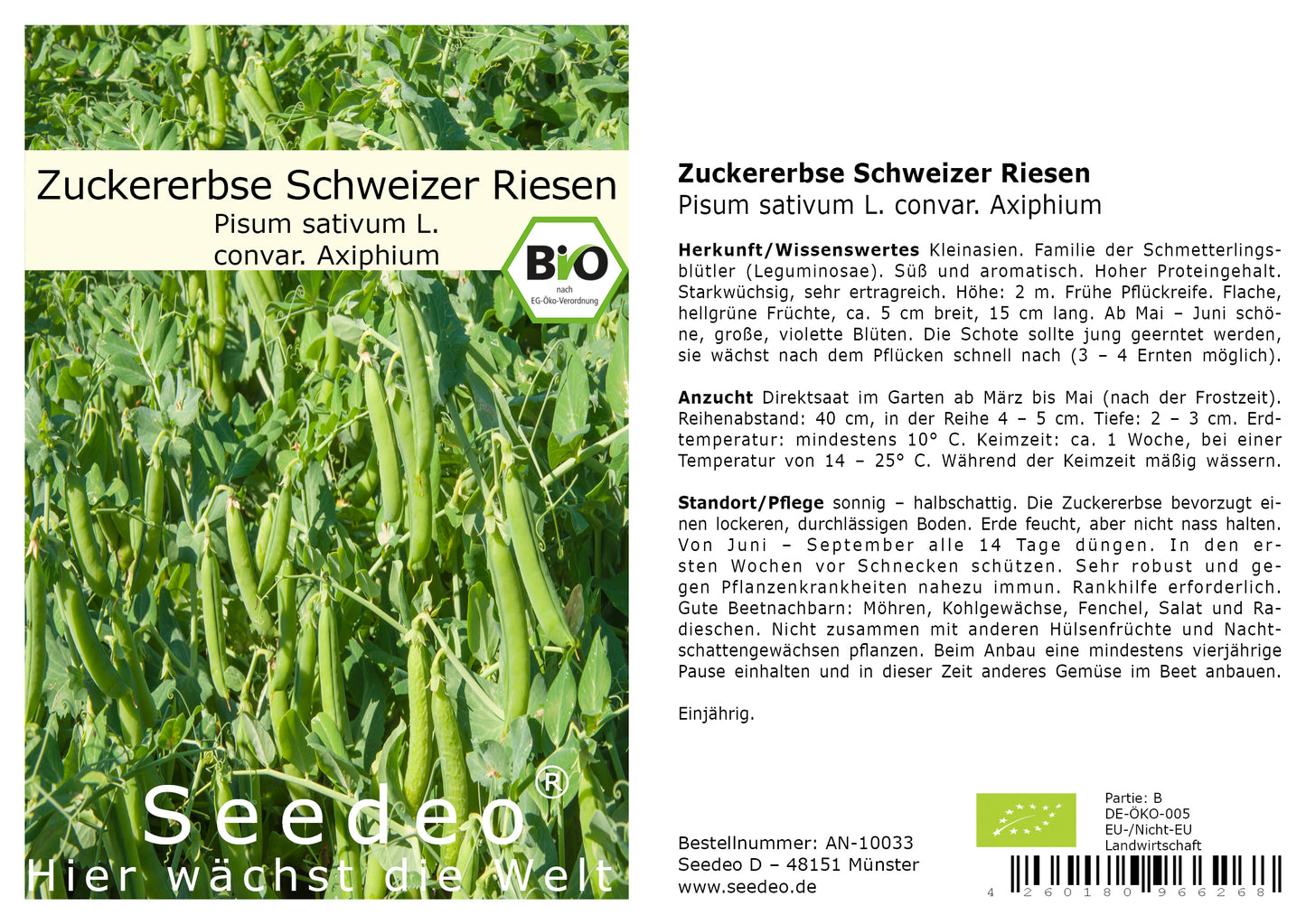 Seedeo® Zuckererbse Schweizer Riesen ( Pisum sativum L. convar. Axiphium) ca. 50 Samen BIO