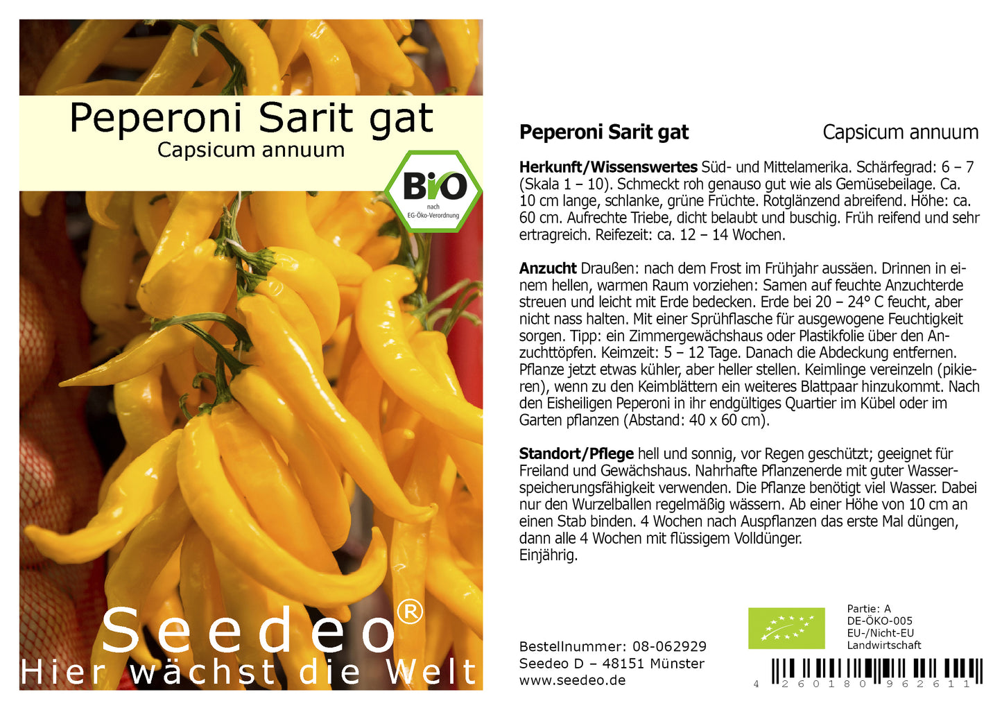 Seedeo® Peperoni Sarit gat (capsicum annuum) 20 Samen BIO