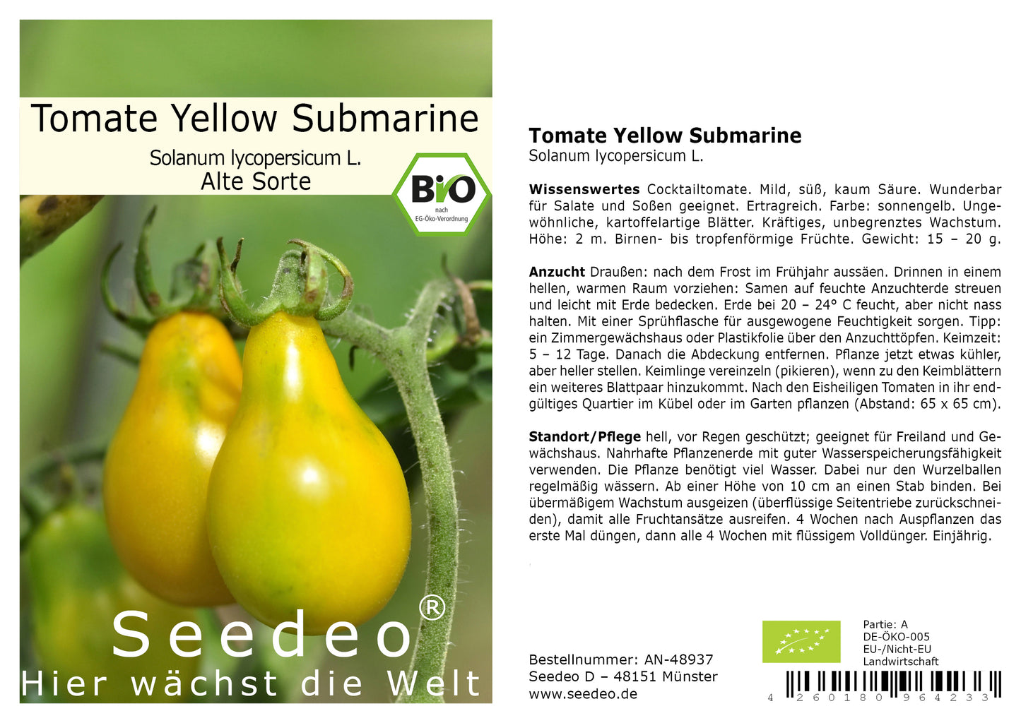 Seedeo® Tomate Yellow Submarine (Lycopersicum esculentum Mill.) 30 Samen BIO