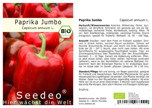 Seedeo® Paprika Jumbo (Capsicum annuum L.) 20 Samen BIO