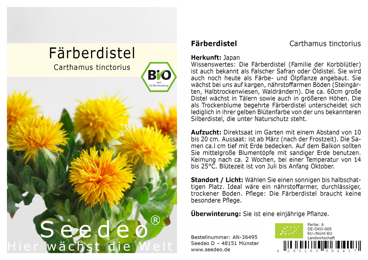 Seedeo® Färberdistel (Carthamus tinctorius) 30 Samen BIO