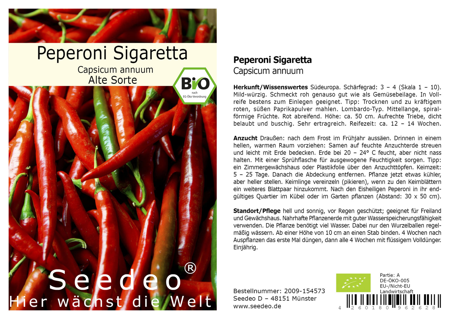 Seedeo® Peperoni Sigaretta (Capsicum annuum) 20 Samen BIO