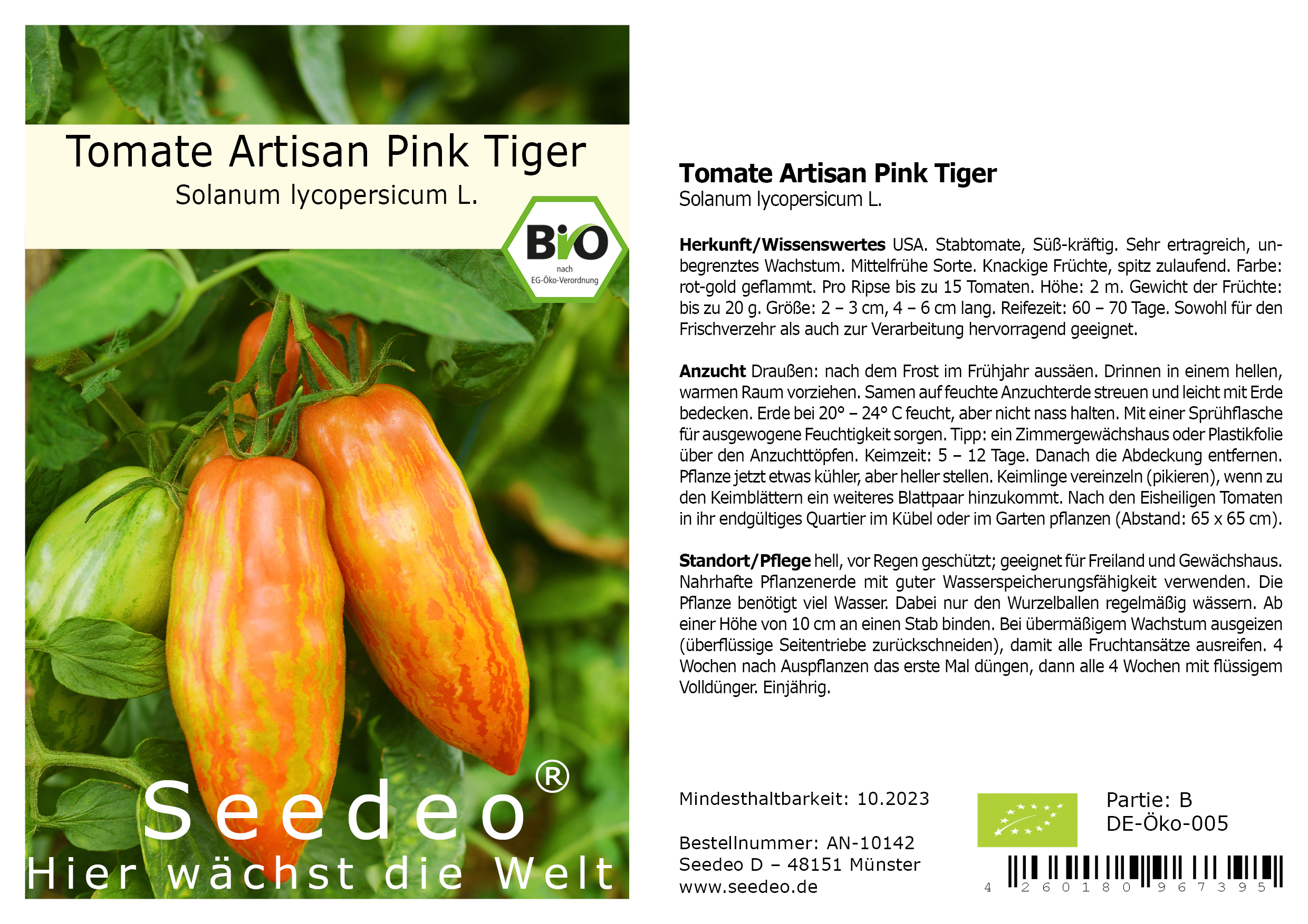 Seedeo® Tomate Artisan Pink Tiger (Lycopersicum L.) 20 Samen BIO