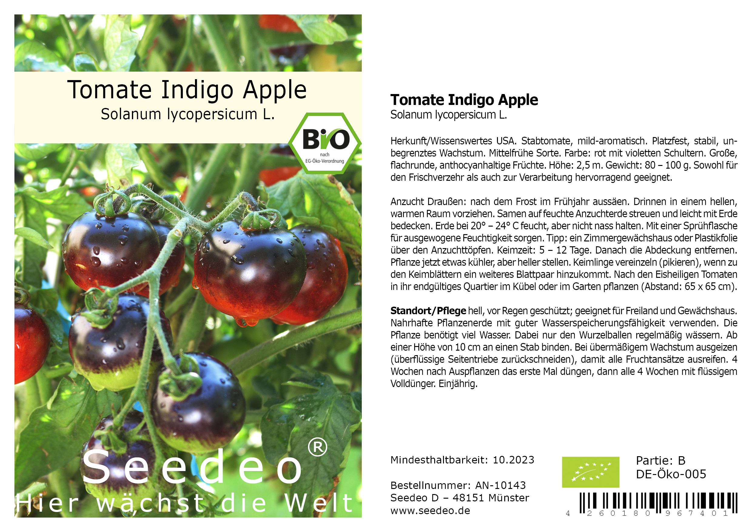 Seedeo® Tomate Indigo Apple (Lycopersicum L.) 20 Samen BIO